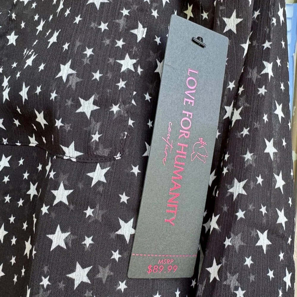 Love for Humanity Couture Button Down Shirt sz Small Stars Black w/ White Stars - Picture 3 of 10